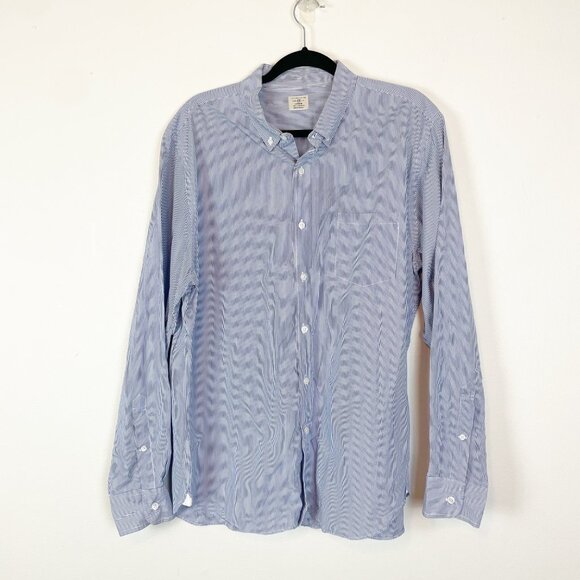 J. Crew Men's L‎ 16 Neck Blue and White Stripe Button Up Shirt 2 Ply Cotton - Picture 1 of 9
